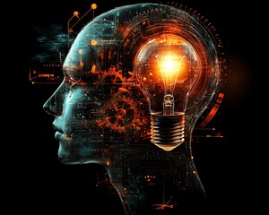 Aufkleber - Digital head featuring gears and circuits, with a light bulb above representing creative ideas and innovation, merging logic and imagination in a futuristic setting