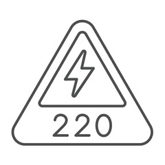 Poster - Warning triangle with lightning thin line icon, electrical service concept. Vector graphics. 220 volts danger, safety sign on white background, outline style icon for mobile or web design.