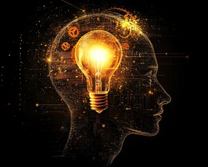 Aufkleber - Digital head featuring gears and circuits, with a light bulb above representing creative ideas and innovation, merging logic and imagination in a futuristic setting