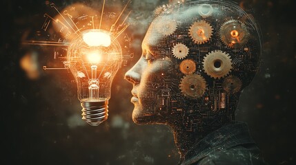 Aufkleber - Digital head with gears and circuits, light bulb above symbolizing new ideas, merging logic and creativity, on a dark futuristic background