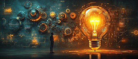 Poster - Digital head with gears and circuits, light bulb above symbolizing new ideas, merging logic and creativity, on a dark futuristic background