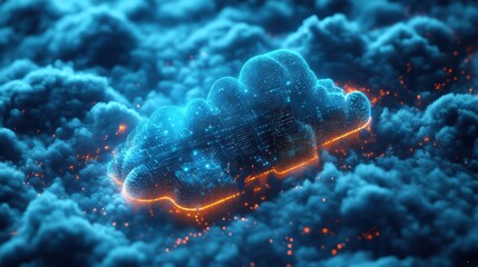 Poster - A glowing, digital cloud amidst a sea of dark, textured clouds, radiating blue and orange hues, symbolizing technology and data.