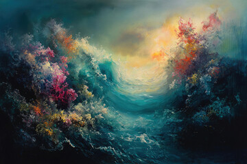 Poster - A vibrant, abstract oil painting depicting a powerful wave breaking, surrounded by colorful coral-like formations under a dramatic sky.