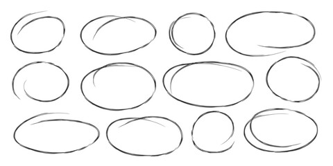 Poster - Sketch hand drawn circle ellipse frame set with brush strokes. Doodle black line emphasis elements. Perfect for highlight, infographic, poster, social media, note, web graphic, promotion material