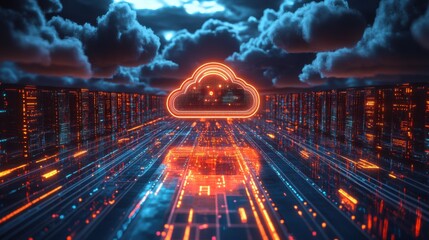 Poster - a futuristic digital landscape featuring a glowing cloud symbol, surrounded by interconnected data s
