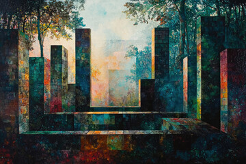 Aufkleber - Abstract painting depicting a surreal, fragmented cityscape nestled within a verdant forest.