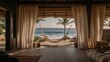© Sawat - A beachfront hotel hammock lounge with flowing white curtains, palm trees, and ocean waves.