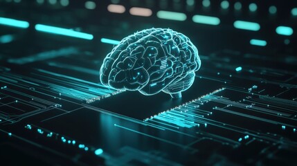 Poster - A digital representation of a brain, illuminated in teal, set against a dark, futuristic background filled with circuitry and technology elements.