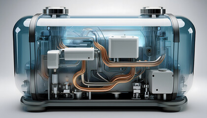 Poster - Transparent industrial device showcasing intricate machinery and pipes, illustrating modern technology and engineering design