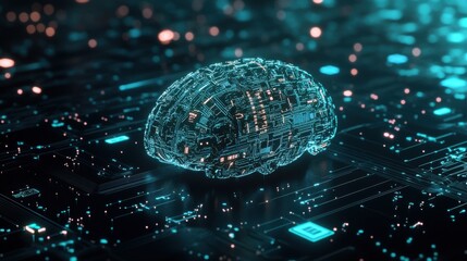 Poster - A futuristic representation of a brain made of circuits and glowing elements, set against a high-tech digital background.