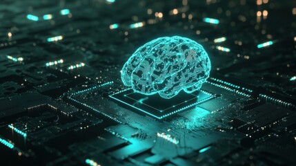 Poster - A glowing digital brain sits atop a circuit board, symbolizing the intersection of technology and artificial intelligence.
