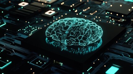Poster - A digital representation of a brain over a circuit board, symbolizing technology, artificial intelligence, and the intersection of neuroscience and computing.
