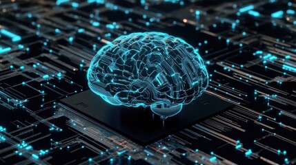 Poster - A digital representation of a brain, highlighted in blue, surrounded by a network of circuits, symbolizing technology and artificial intelligence.
