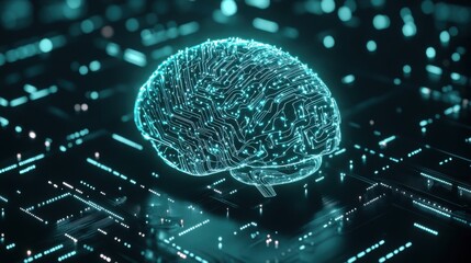 Poster - A digital representation of a brain with circuit patterns, symbolizing artificial intelligence and the fusion of technology and neuroscience.