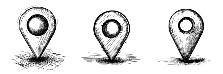 Poster - Creative sketches of location markers displayed in a minimalistic style, showcasing different designs and shading techniques in a cohesive manner
