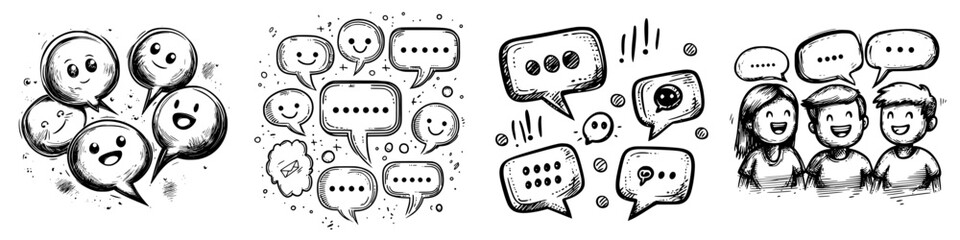 Poster - Expressions and conversations with cheerful faces in black and white sketches on a light background