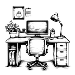 Poster - Creative workspace with a computer, desk essentials, and decorative plants arranged in a cozy home office setup