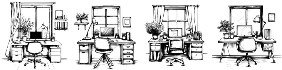 Poster - Different perspectives on a creative workspace featuring cozy desks and natural light in a tranquil indoor environment