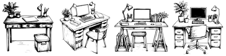 Poster - Creative workspaces featuring varied desk designs and plants in a home office setting