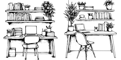 Poster - Stylish home office workspace design with bookshelves, plants, and modern desks in a cozy setting in daylight