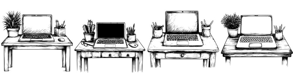Poster - Various desk setups with laptops and plants in a sketch style showcasing different working environments