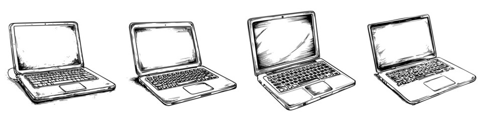 Poster - Sketches of laptops showing different angles and states in a digital art style