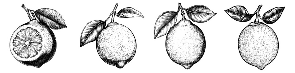 Poster - Lemons illustrated in detailed botanical style showing whole fruits and a cross-section on a clean white background