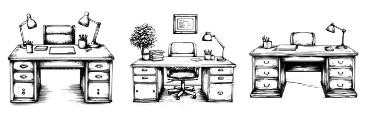 Poster - Desks in a minimalist office setting showcasing different styles and arrangements for various work environments