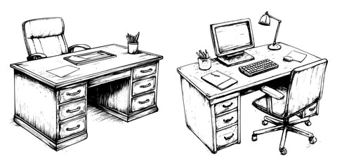 Poster - Workspaces with desks and chairs designed for productivity and comfort in a home office setting