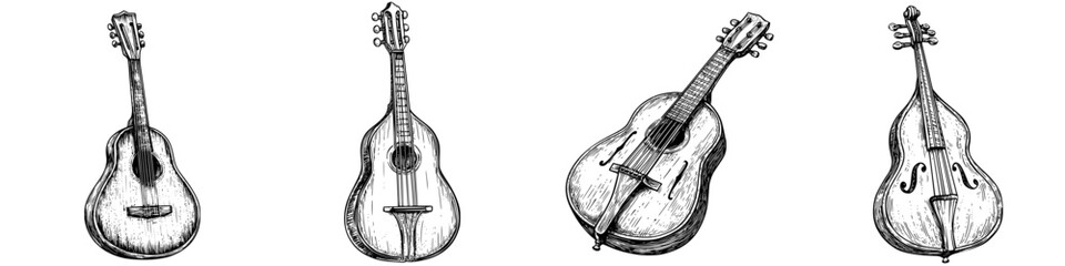 Poster - Artistic illustration of four unique string instruments displayed in a row on a white background