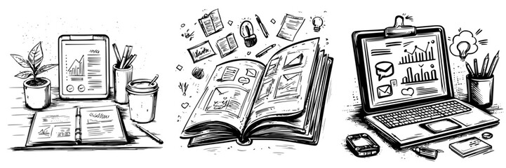 Poster - Creative workspace with digital tools, notebooks, and charts illustrating productive environment for learning and planning