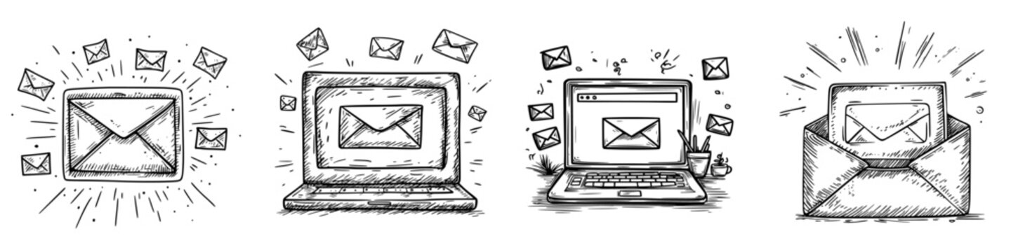 Four illustrations depicting email concepts showcasing envelopes, laptops, and messaging activities in a simple artistic style