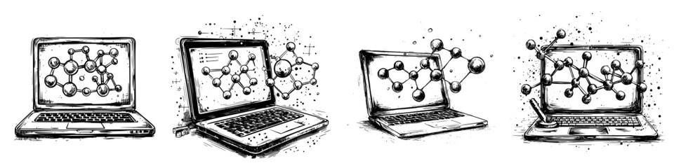 Poster - Concept of scientific research using laptops with molecular structures illustrated in a creative digital format