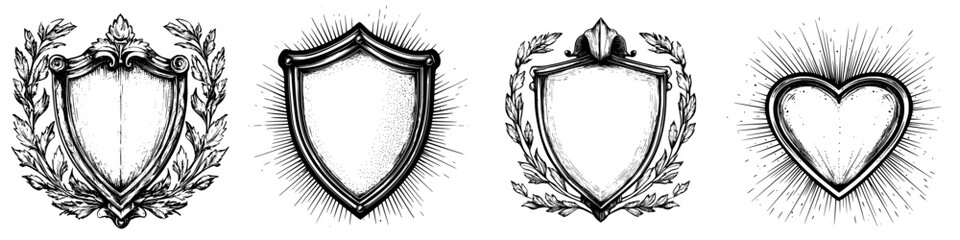 Poster - Various decorative shield designs featuring ornate elements and blank interiors suitable for heraldry or emblematic use