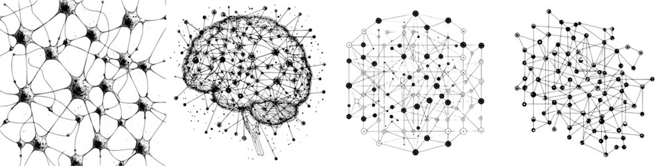 Poster - Intricate neural network illustrations showcasing brain connections and structures in black and white