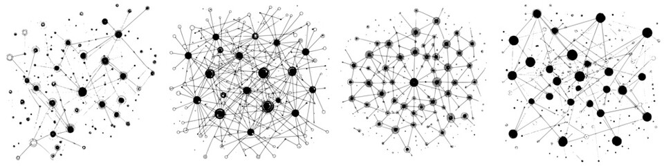 Poster - Complex network structures illustrated in black and white with various node arrangements and connections in an abstract design