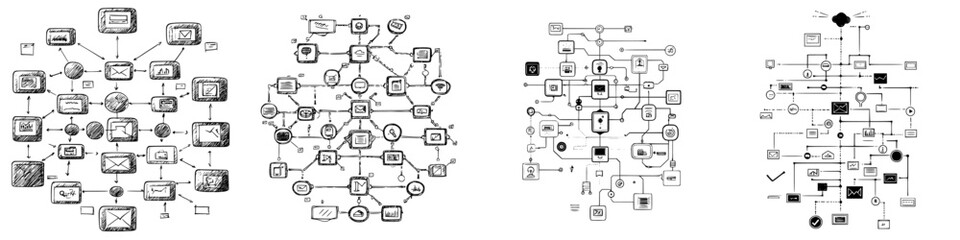 Poster - Complex flowcharts illustrating various processes and connections in a conceptual diagram layout