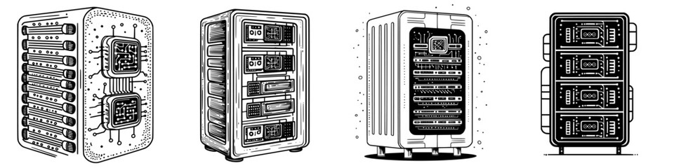 Poster - Various vintage style server racks displayed in a monochrome design featuring intricate detailing of technology equipment