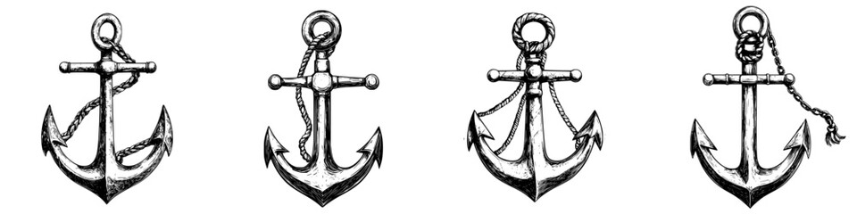 Poster - Collection of four distinct anchor designs showcasing varying details, textures, and styles for nautical themes or maritime art