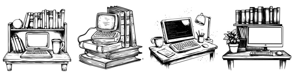 Poster - Evolution of workspaces from vintage to modern in a creative black and white illustration