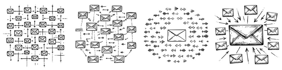 Poster - Digital communication flow with sketches of diverse email layouts and interactions across various concepts