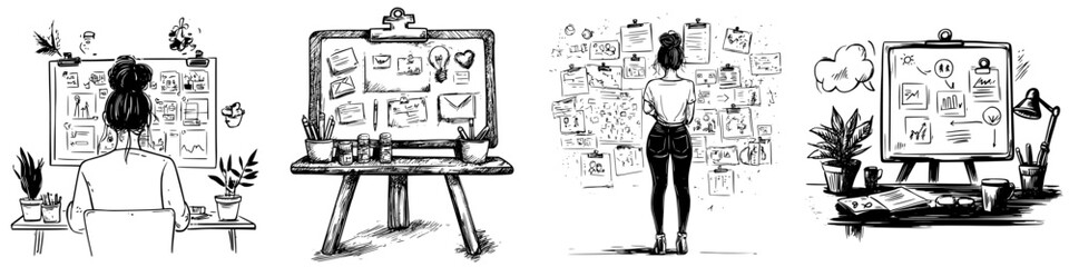 Poster - Creative brainstorming session in a cozy workspace with illustrations on display