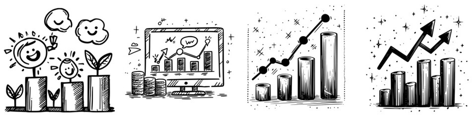 Poster - Illustrating growth and progress with playful characters and financial graphs in a creative, digital style