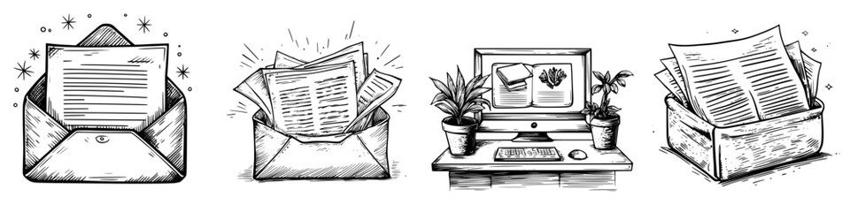 Poster - Creative representation of communication methods through envelopes and a computer workspace connecting written documents