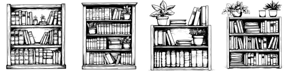 Poster - Collection of wooden bookshelves filled with various books and plants in a cozy setting during daytime