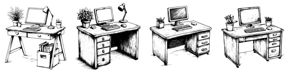 Poster - Various types of desks designed for workspace organization and productivity in a minimalist style