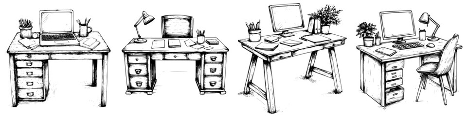 Poster - Creative workspace designs showcasing various desk styles and arrangements for home offices and productivity