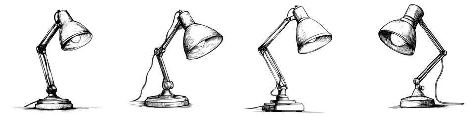 Poster - Collection of four adjustable desk lamps showcasing various angles and designs in a minimalist style