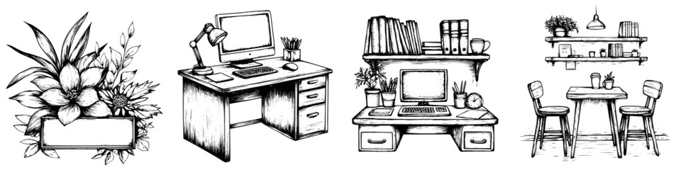 Poster - Stylish workspace design with plants, desks, and organized shelves in a modern home office setting