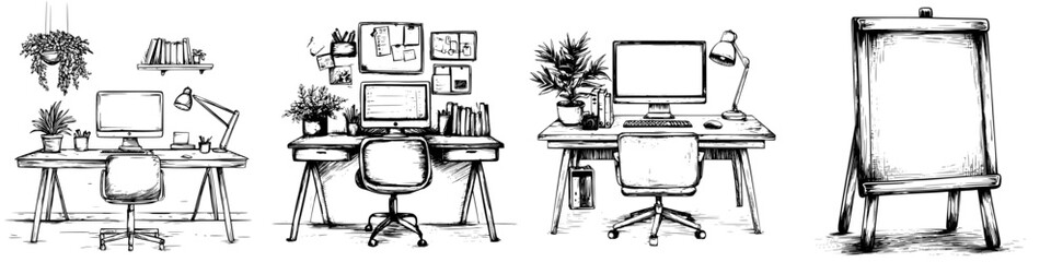Poster - Stylish workspaces showcasing desk setups with plants and organizational elements in a creative environment